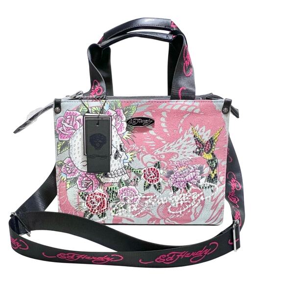 Ed Hardy Handbags - Ed Hardy Denim Tote Crossbody Satchel Bag Denim Pink Tattoo Skull Rhinestones